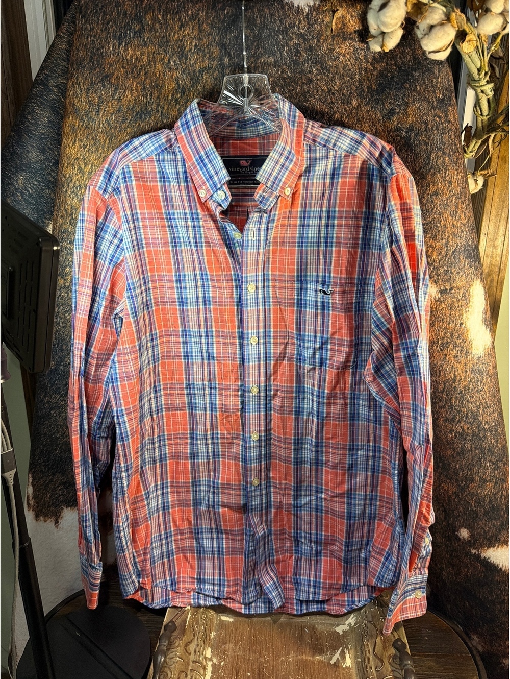 Vineyard Vines Slim Fit Tucker Shirt in Orange and Blue Plaid - Men's Medium